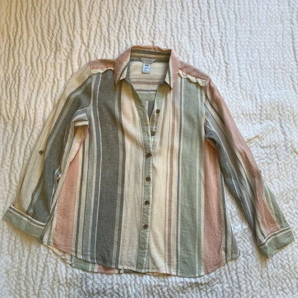 Multiples- Linen Blend Striped Button Down Shirt- Small - Picture 1 of 9